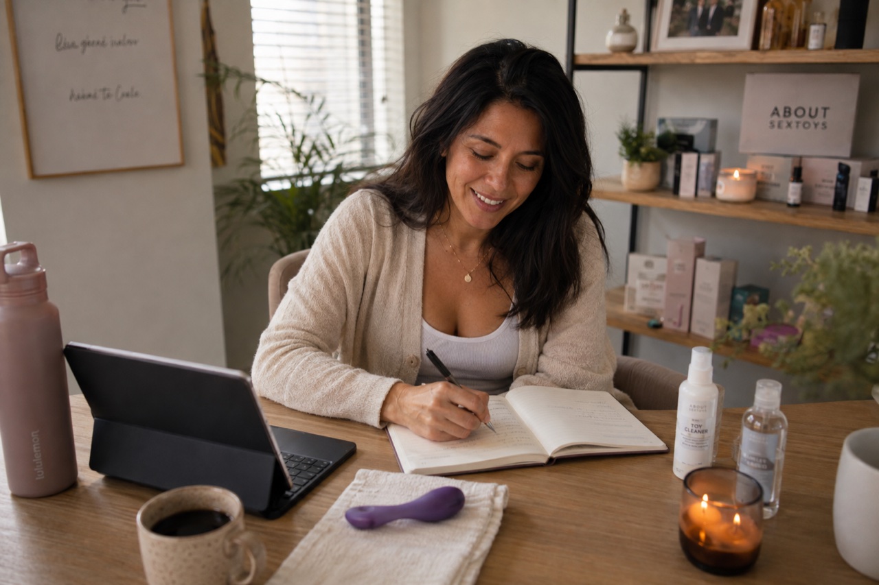 Abigail Reyes writing product notes beside a tablet, a pleasure product and toy-care supplies