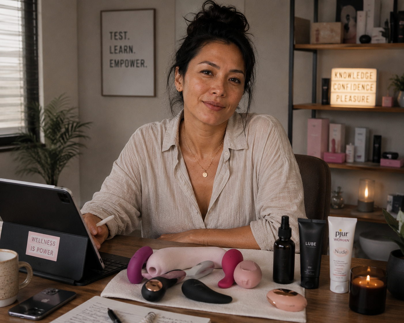 Abigail Reyes at her testing desk, taking notes beside a row of pleasure products and lubricants