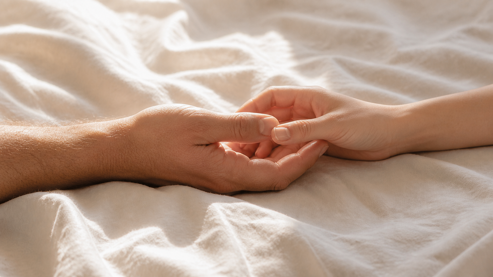 Two hands resting together on sunlit linen sheets