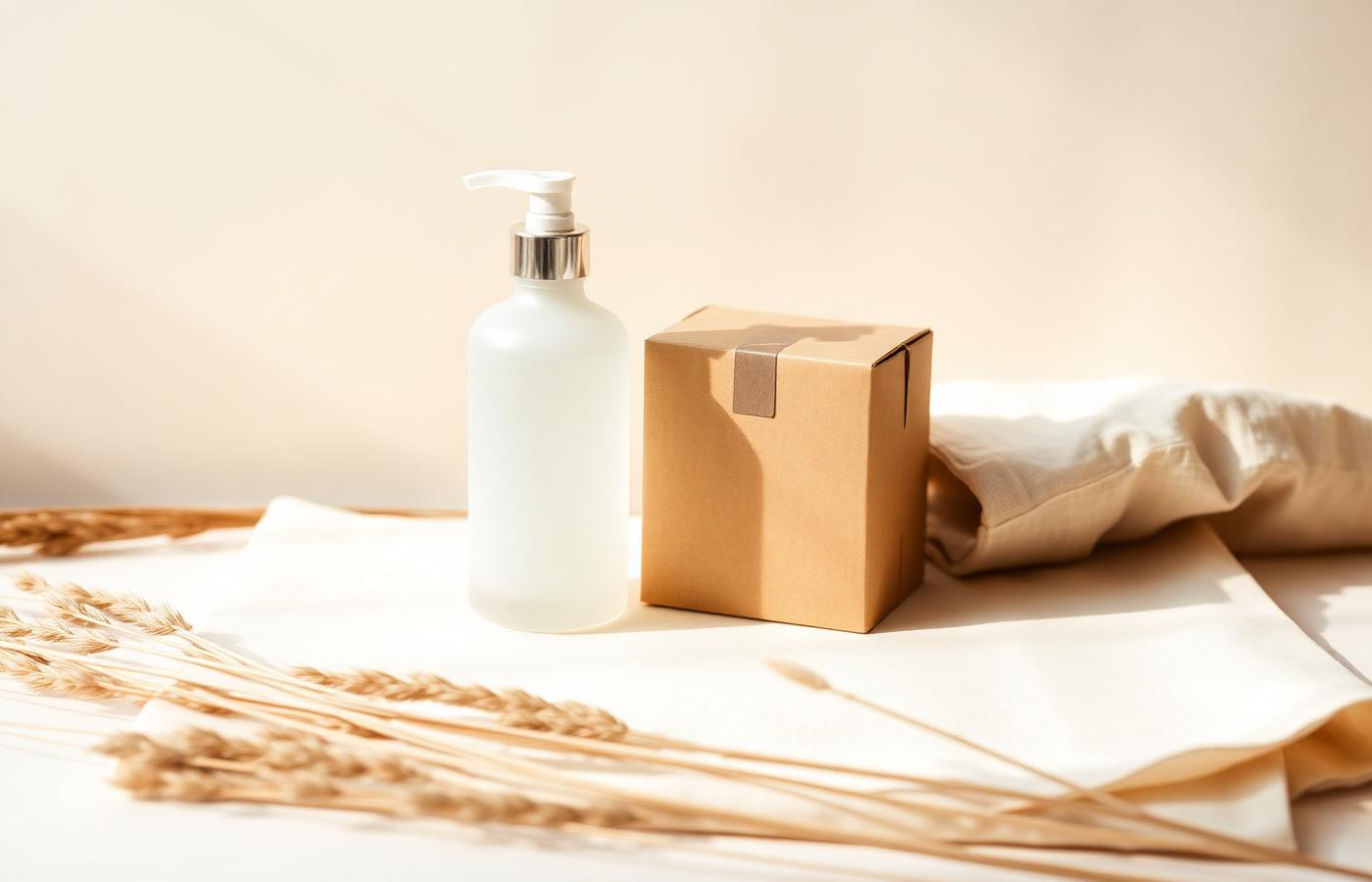 Unbranded frosted glass bottle beside a plain shipping box on linen