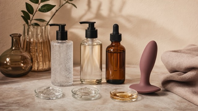 Three unbranded lubricant bottles with different textures beside a silicone anal toy on warm neutral linen