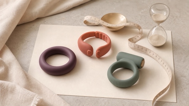 Three flexible ring styles arranged with a measuring tape and sand timer on warm ivory paper