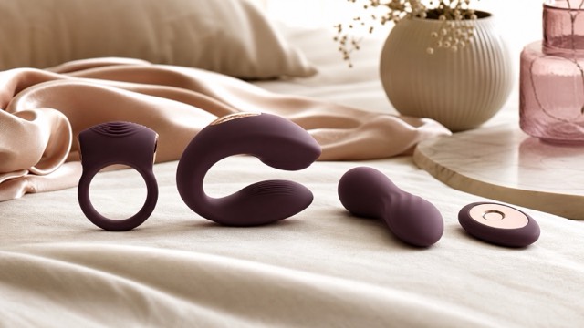 A vibrating ring, wearable couples vibrator, compact wand and remote arranged as a tasteful comparison
