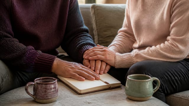 Two fully clothed adults holding hands over a blank journal with two ceramic mugs nearby