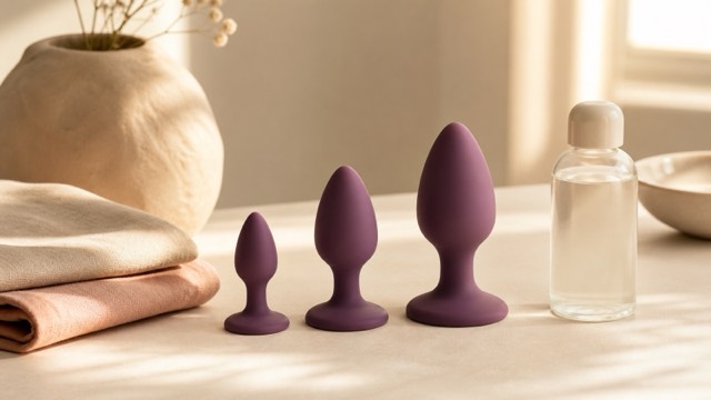 A graduated set of smooth anal trainers with wide bases arranged from smallest to largest