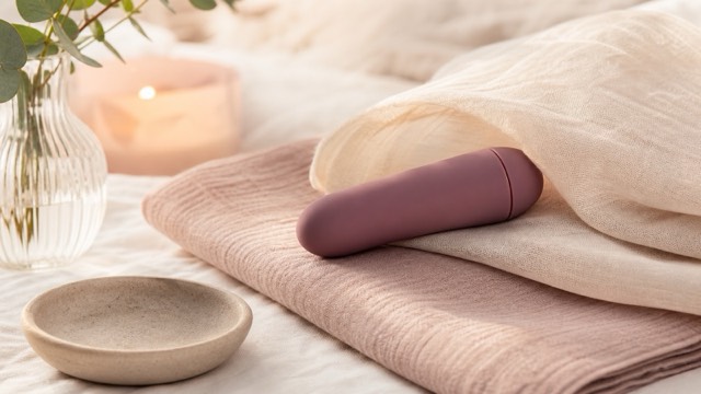 A small vibrator resting beside layered silk and cotton fabrics used to demonstrate softer indirect contact
