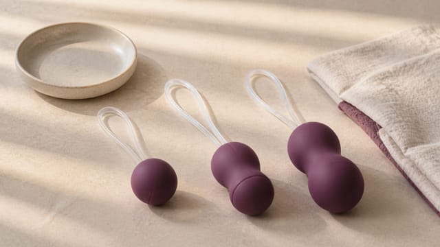 Three plum silicone pelvic-floor exercisers with retrieval loops arranged by size on warm stone