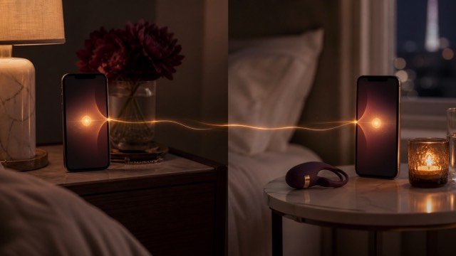 Two phones on separate bedside tables connected visually by warm light beside a discreet app-controlled vibrator