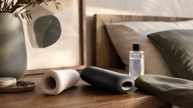 Several discreet stroker and sleeve formats arranged with lubricant and a drying towel for comparison