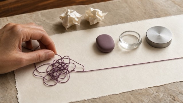A hand untangling plum thread as a visual metaphor for separating myths from facts