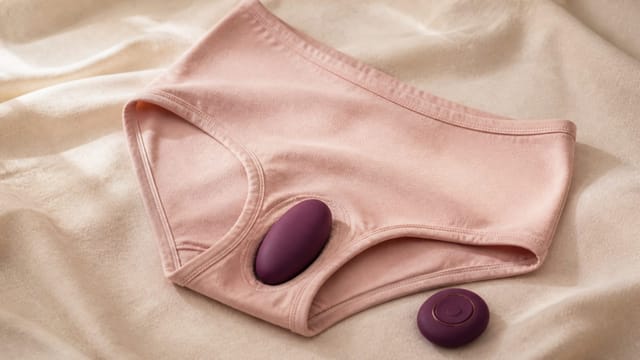 A plum wearable vibrator positioned in blush cotton underwear beside its remote on warm ivory linen