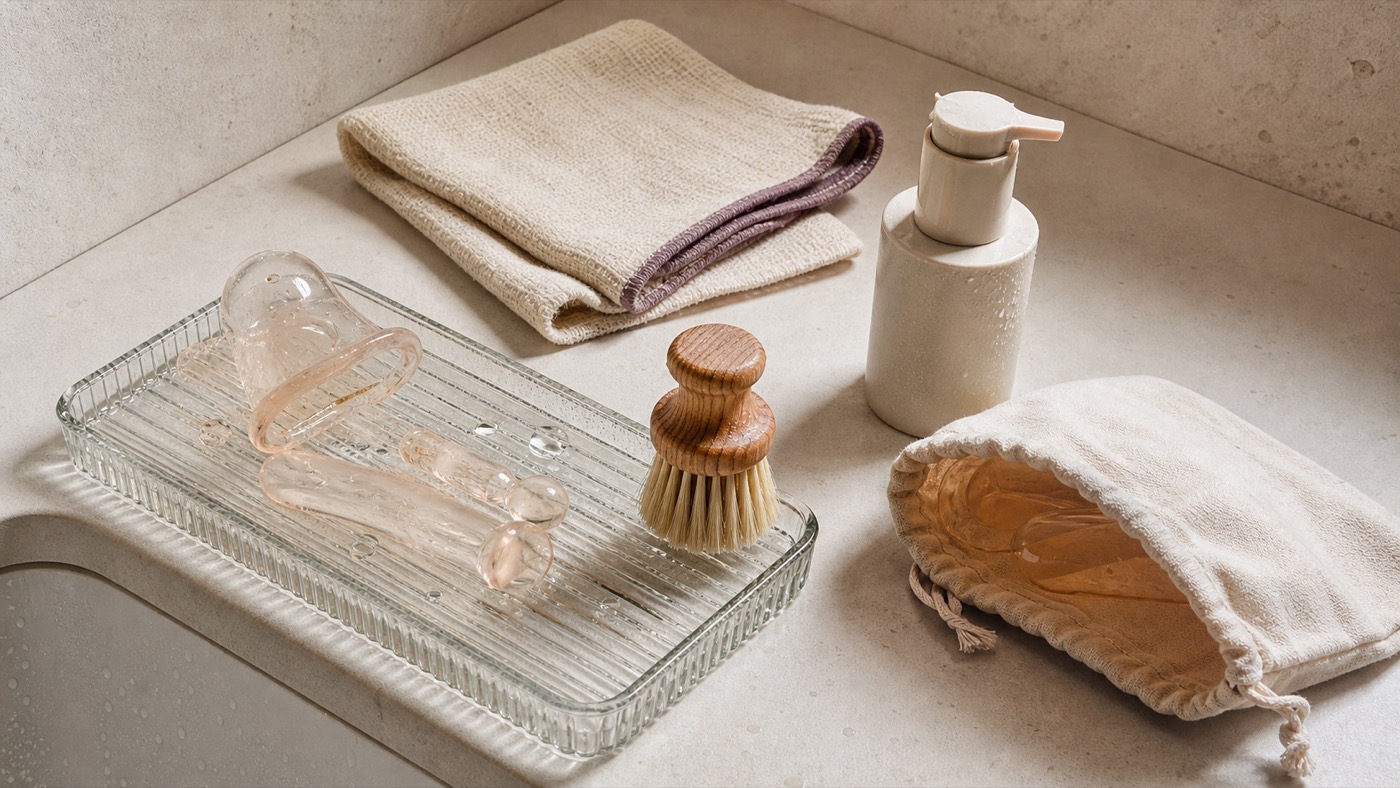 Freshly cleaned glass items drying beside a cloth, brush and cotton storage pouch