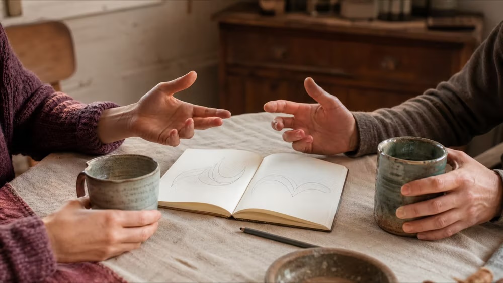 Two adults talking over mugs and an open notebook at a warm kitchen table