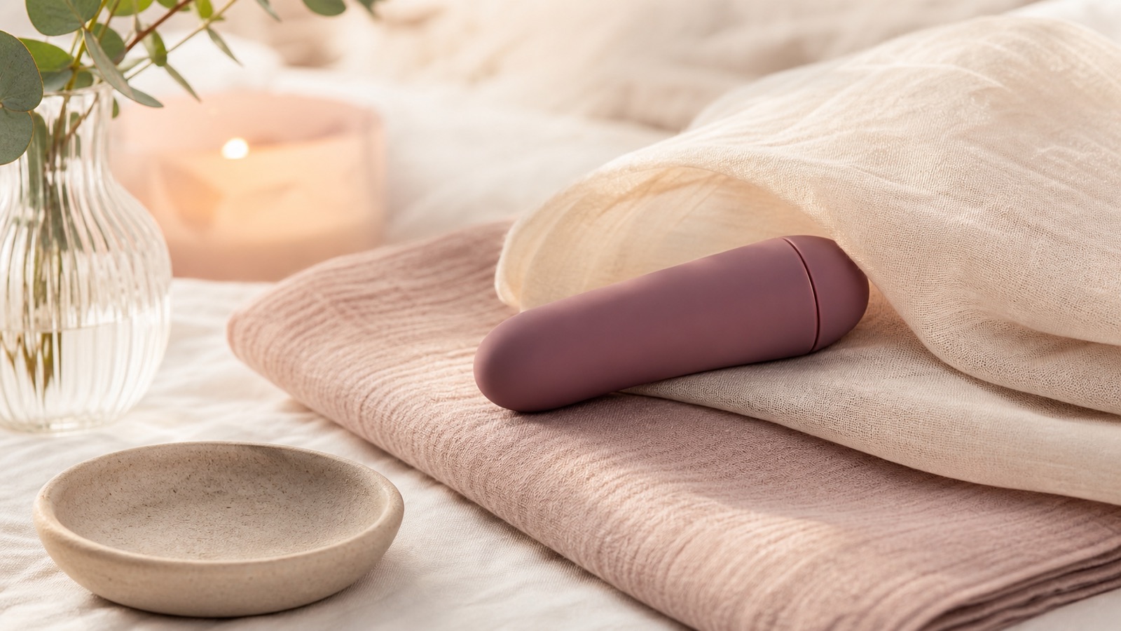A small vibrator resting beside layered silk and cotton fabrics used to demonstrate softer indirect contact