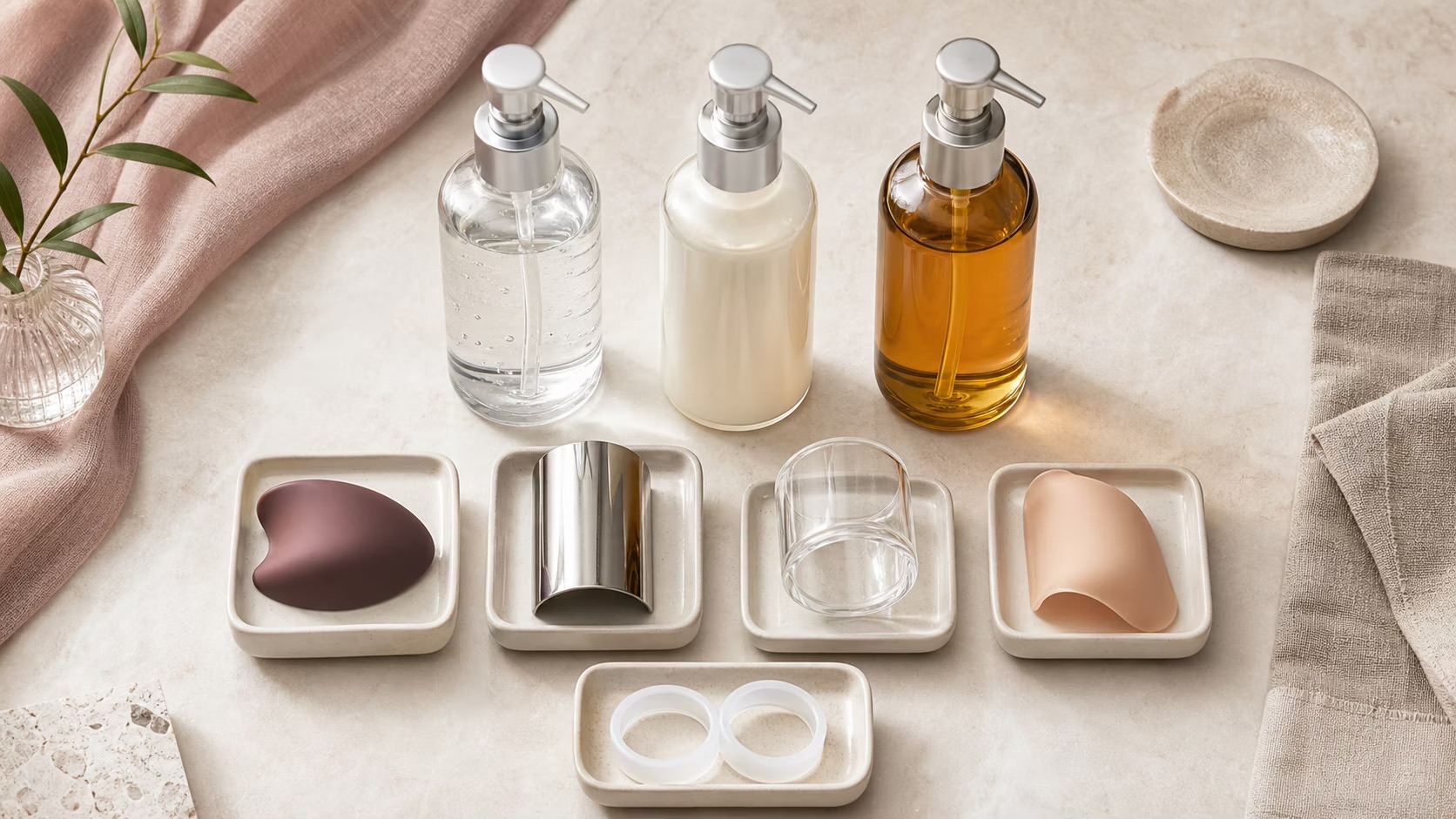 Water-, silicone- and oil-based lubricants arranged beside pleasure-product materials