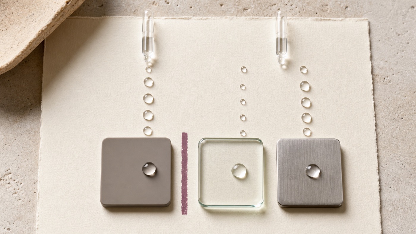 A visual compatibility test pairing liquid droplets with silicone, glass and steel