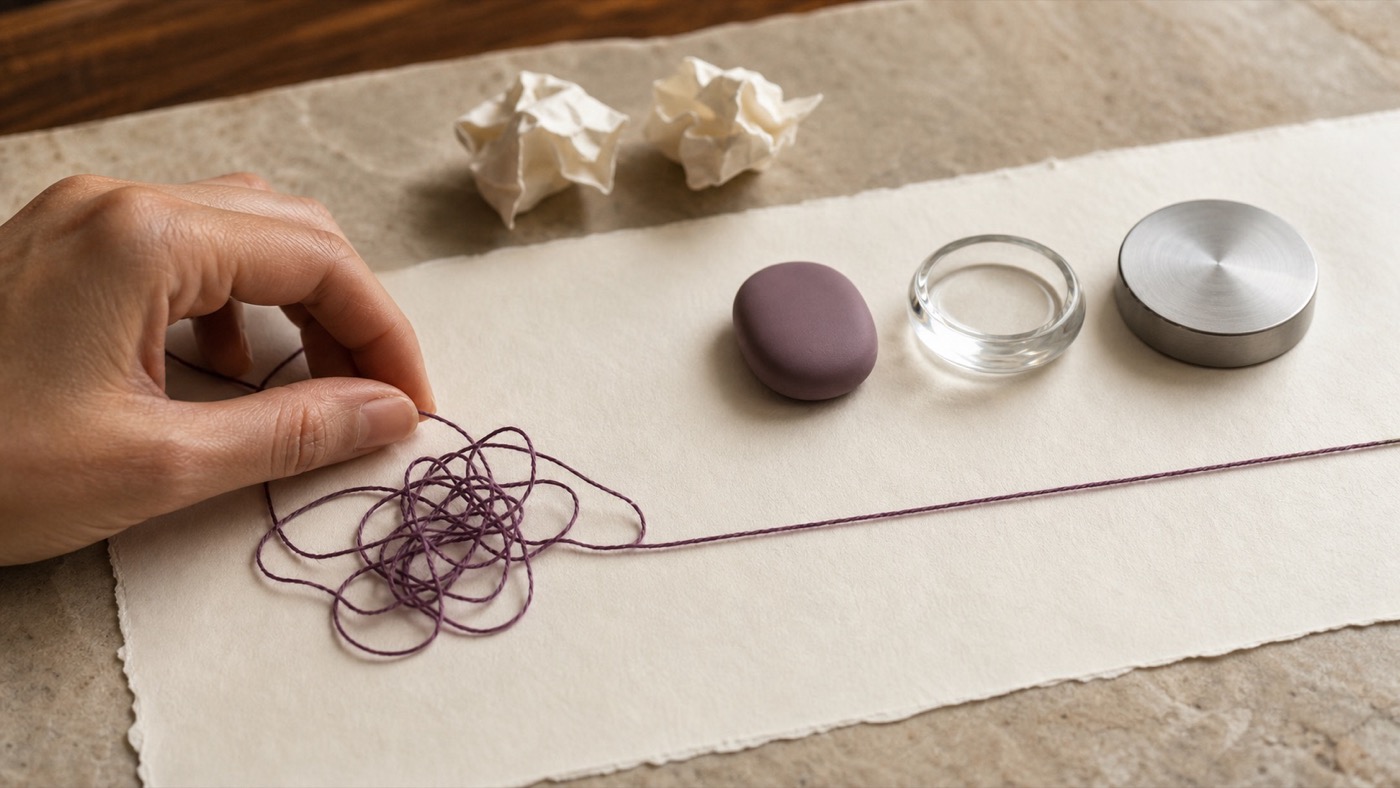 A hand untangling plum thread as a visual metaphor for separating myths from facts