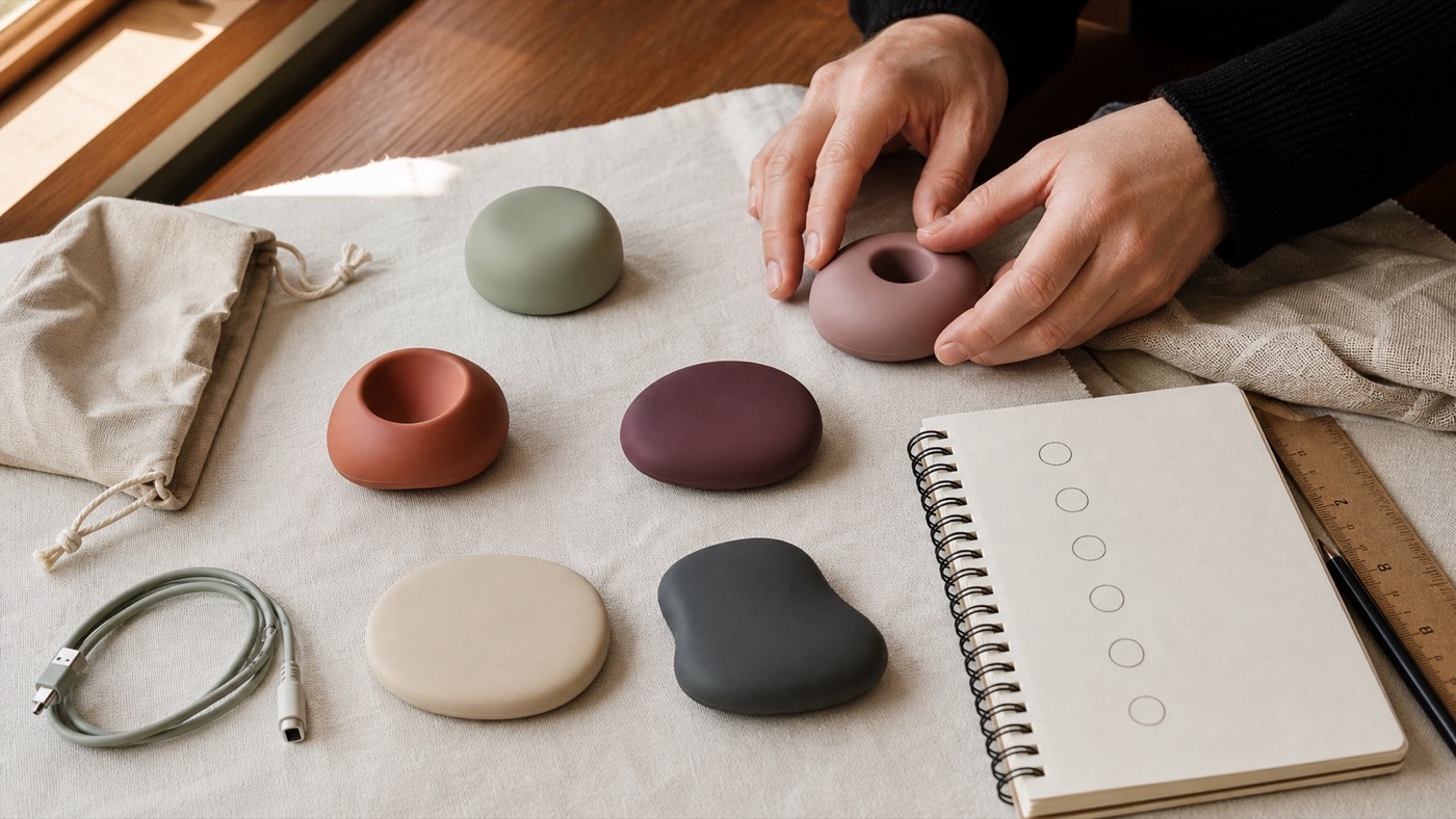 An editor arranging six beginner-friendly design samples beside testing notes