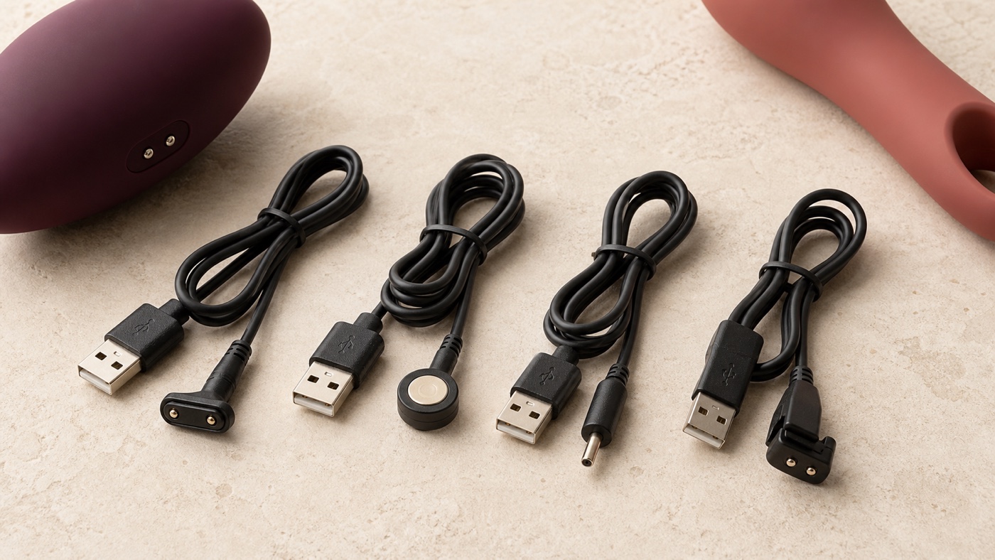 Four USB charging cables for rechargeable pleasure products, including magnetic two-pin, puck, pin-style and clip connectors, arranged beside two silicone devices