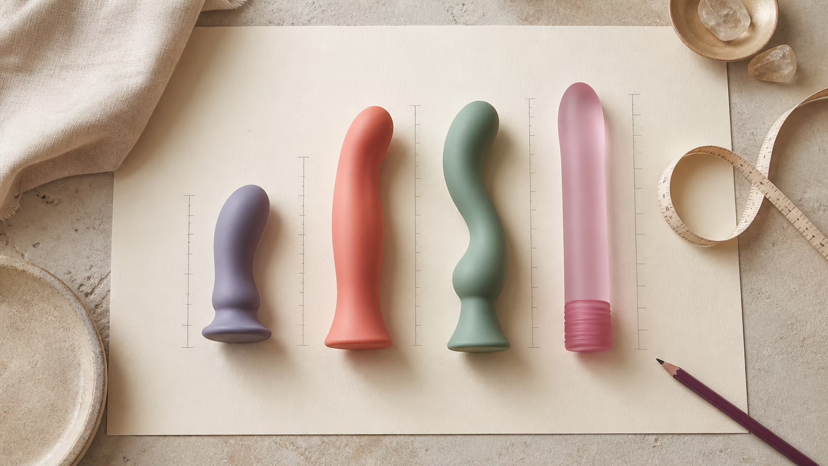 Pleasure products in different shapes arranged for a size comparison