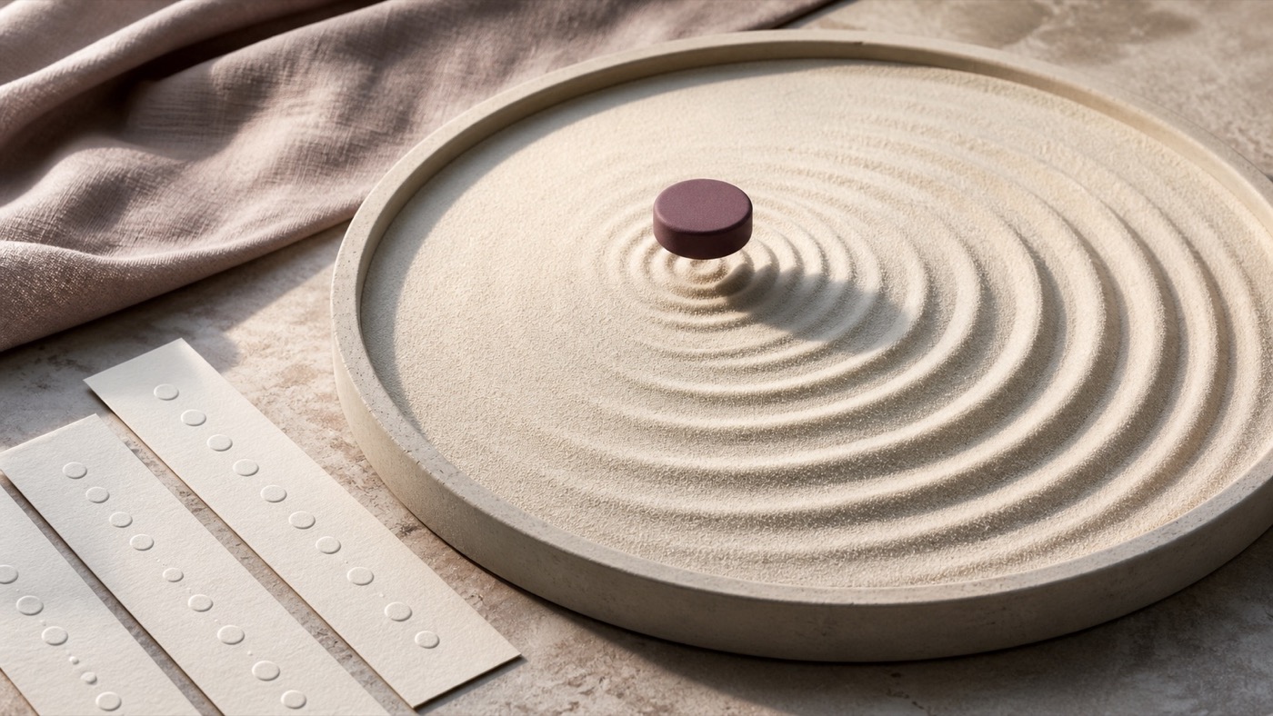 Concentric vibration patterns rippling through fine sand beside rhythm markers