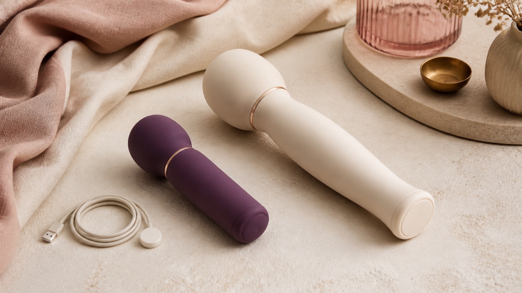 A compact plum wand and a full-size ivory wand arranged on warm stone with linen and a charging cable