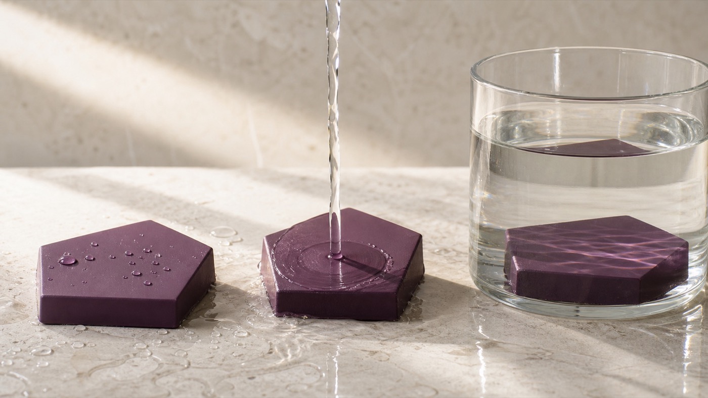 Three material samples tested with splashes, running water and submersion